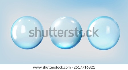 Vector illustration of 3D glass balls on isolated blue background. A set of floating transparent spheres, ideal for design projects: dew drops, water bubble or collagen drop.