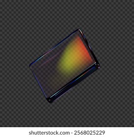 Vector illustration of 3D glass square figure. Design of translucent abstract object with holographic gradient. Geometric icon on isolated dark transparent background.