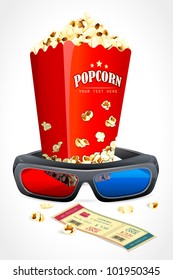 vector illustration of 3d glasses with pop corn and movie ticket