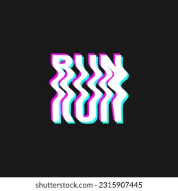 Vector illustration with 3d glitch effect, lettering RUN. Groovy wavy lettering in trendy psychedelic y2k, 90s, 00s rave style, nostalgia, crazy print.