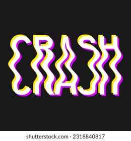 Vector illustration with 3d glitch effect, lettering CRASH. Groovy wavy lettering in trendy psychedelic y2k, 90s, 00s rave style, nostalgia, crazy print.