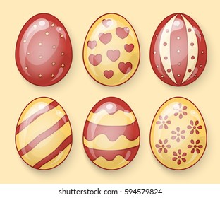 Vector illustration: 3D glossy plastic egg icons with different ornament for Easter holidays design isolated on yellow background.