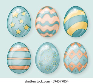 Vector illustration: 3D glossy plastic egg icons with different ornament for Easter holidays design isolated on light blue background.