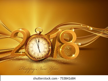 Vector illustration. 3d gold digits 2018, with an old clock instead of zero on a background of abstract golden waves with bubbles Festive background for the new year. 