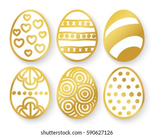 Vector illustration: 3D golden  egg icons with ornament and shadow for Easter holidays design isolated on white background.