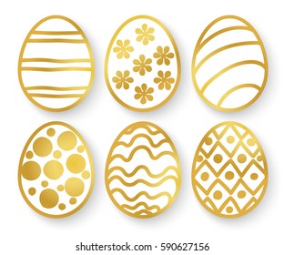 Vector illustration: 3D golden  egg icons with ornament and shadow for Easter holidays design isolated on white background.