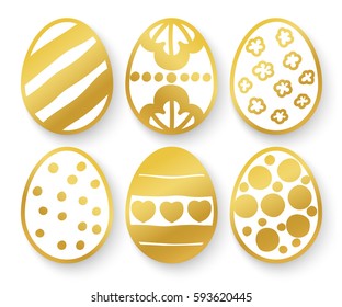 Vector illustration: 3D golden  egg icons with ornament and shadow for Easter holidays design isolated on white background.