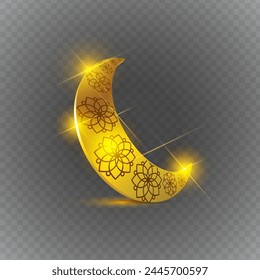 Vector illustration of 3D golden Islamic crescent moon on transparent background