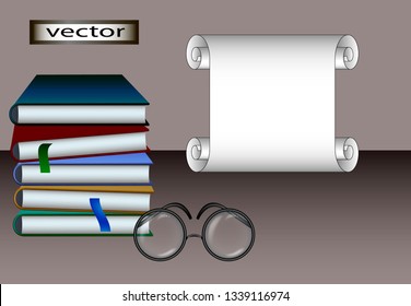 Vector illustration of a 3D graphics book glasses on the table and a scroll like pattern, the symbol of knowledge and science