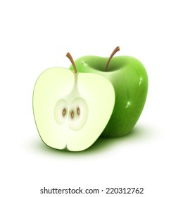 Vector illustration 3d Green apple with water drops, isolated on white background.