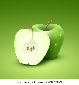 Vector illustration 3d Green apple with water drops, isolated on white background.