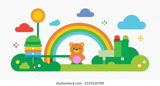 Ilustración vectorial 3D verde césped patio con arco iris, nubes y flores. Vector render ilustración de la naturaleza de verano colina o prado con oso, juguetes de tren y cochecito de bebé. Campo de volumen de dibujos animados