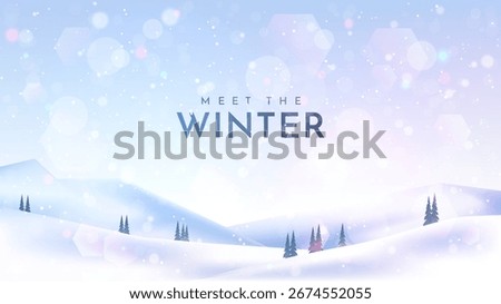 Vector illustration. 3d hills and mountains landscape. Snowy background. Blizzard with bokeh lights. Cartoon wallpaper. Winter cold weather. Clear sky template design with copy space for advertising 