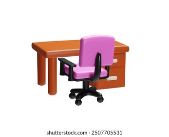 Vector illustration 3d icon of an office setup featuring a wooden desk with two drawers and a pink cushioned swivel chair on wheels. Perfect for representing a workspace or office environment.