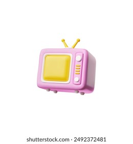 Icono de Ilustración vectorial 3D de un televisor retro en un vibrante esquema de color rosa y amarillo. El televisor vintage tiene una forma cuadrada con antenas, diales y Botones, capturando la esencia nostálgica de los años 90