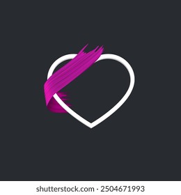 Vector illustration 3d icon of white heart outline wrapped with a vibrant, textured purple brushstroke ribbon on a dark gray background. The brushstroke adds a dynamic and artistic touch to the clean