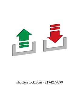vector illustration of 3D icons of upload and download symbols, up and down arrows, red and green colors.