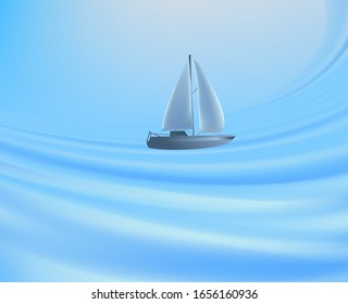 Vector illustration of a 3D image of a sea or ocean, a yacht on a large wave