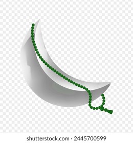 Vector illustration of 3D Islamic crescent moon with Islamic prayer beads on transparent background