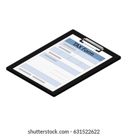 Vector illustration 3d isometric black clipboard with income tax form icon isolated on white background. Federal income tax form. Tax return