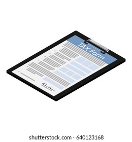 Vector Illustration 3d Isometric Black Clipboard With Income Tax Form Icon Isolated On White Background. Federal Income Tax Form. Tax Return