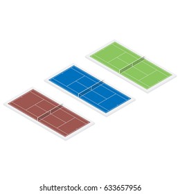 Vector illustration 3d isometric blue, green and brown tennis field set,  collection isolated on white background. Tennis court icon. Field for the game of tennis with the markings and grid