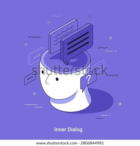 Vector illustration, 3d isometric cartoon head with internal speech bubble representing inner dialog. Psychological concept of mind exploration, thinking process, decision making and mental health analysis.