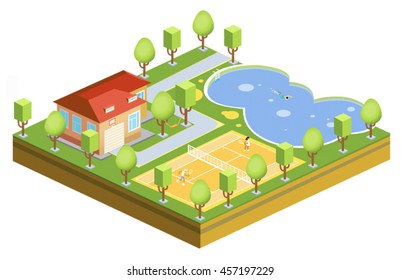 vector illustration, 3D isometric house with pool, plan of the territory, isometric tennis court