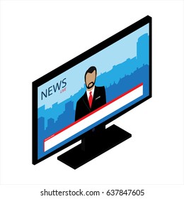Vector illustration 3d isometric perspective new modern black monitor isolated on white background. lcd tv monitor with financial, daily, world news