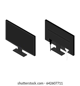 Vector Illustration 3d Isometric Perspective New Modern Blank Black Monitor  Back And Front View Isolated On White Background. Lcd Tv Monitor. Monitor With Connected Cords. 