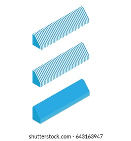 Vector illustration 3d isometric perspective striped awnings for shop. Blue awning icon set, collection .