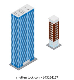 Vector illustration 3d isometric perspective modern and old skyscraper or office building icon set, collection.