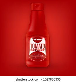 Vector illustration of 3d ketchup bottle on red background
