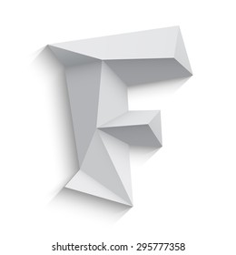 Vector illustration of 3d letter F on white background. Logo or icon design. Abstract template element. Low poly style sign. Polygonal font element with shadow. Decorative origami symbol.