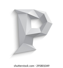 Vector illustration of 3d letter P on white background. Logo or icon design. Abstract template element. Low poly style sign. Polygonal font element with shadow. Decorative origami symbol.