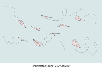 Vector illustration of 3D line art paper planes flying in different directions