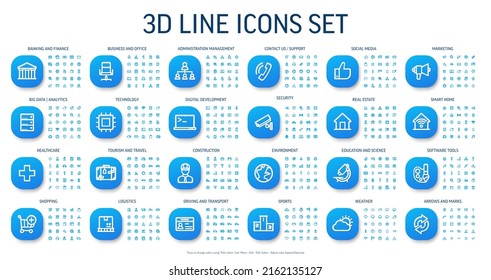 Vector illustration of 3d line icons for business, bank, social media market, logistics, internet technology, shop, education, sport, healthcare, develop and construction. Realistic web symbols set.