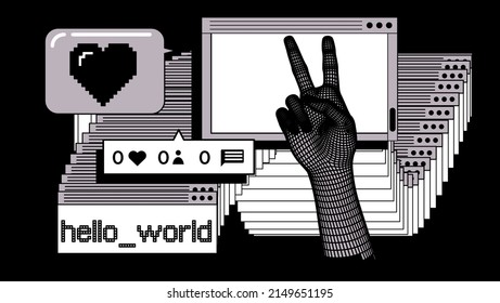 Vector illustration of a 3D low-poly hand and Collage of user interface elements.