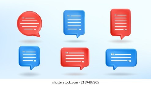 Vector illustration. 3d minimalist banners set. Quote frames blank template. Isolated text box. Citation empty speech bubbles. Color background. Simple shapes. Chatting bubble. Web conversation shapes