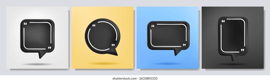 Vector illustration. 3d minimalist banners set. Quote frames blank template. Isolated textbox. Citation empty speech bubbles on color background. Simple shapes. Design for web banner, social media, ad