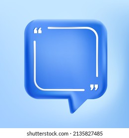 Vector illustration. 3d minimalist poster. Quote frame blank template. Isolated textbox. Citation empty speech bubbles. Blue color background. Square simple shape. Social media template, web banner
