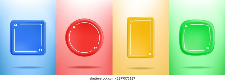 Vector illustration. 3d minimalist posters set. Quote frames blank template. Isolated textbox. Citation empty speech bubbles. Color background. Simple shapes. Design for poster, magazine, layout