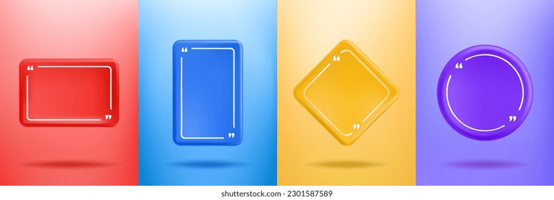 Vector illustration. 3d minimalist posters set. Quote frames blank template. Isolated textbox. Citation empty speech bubbles. Color background. Simple shapes. Design for poster, magazine, cover, flyer