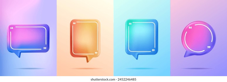 Vector illustration. 3d minimalist posters set. Quote frames blank template. Isolated textbox. Citation empty speech bubbles. Color background. Simple shapes. Design for brochure, magazine, book cover