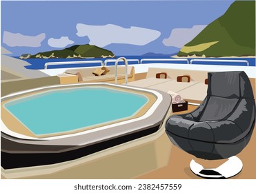 vector illustration 3d modern classic lounge chair Jacuzzi mini swimming pool on outdoor luxury cruise ship yatch a background of blue sky and clouds and beautiful green islands and beautiful ocean