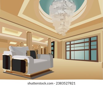 vector illustration 3d modern white color sofa type luxury model interior background castile luxury house with windows and hanging lamps skylight roof and beautiful flat floor