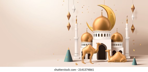 Vector Illustration of 3D Mosque and Camel Ramadan Kareem