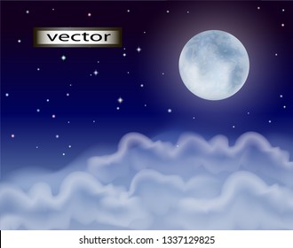 Vector illustration of 3D night landscape sky clouds at night and full moon, stars shining in the dark, mesh