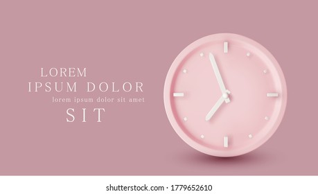 Vector  illustration with 3d object. Pink watch dial with white hands. Isolation on a pink background. Minimalistic pastel template for web site design, flyer, card, banner, advertisement.