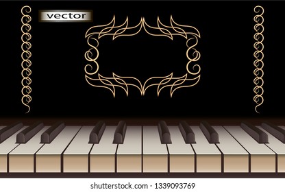 Vector illustration of 3D piano retro style music sounds, musical keyboard instrument to perform melodies of classical works, with gold frame pattern for text